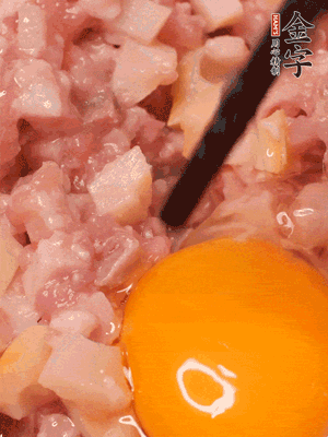 豬肉末、咸肉丁，分次加蔥姜水，一勺糖、一丟白胡椒，春筍丁，打入一個雞蛋